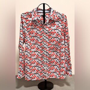 Talbots Heart Print Button-Down Shirt Red White Blue Long Sleeve Medium